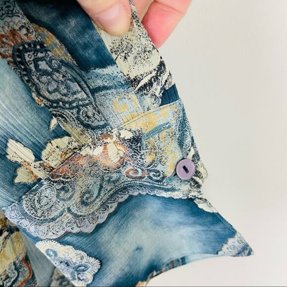 Vintage blue cream brown floral rose button front boho 80s 90s shirt top large - Picture 9 of 9